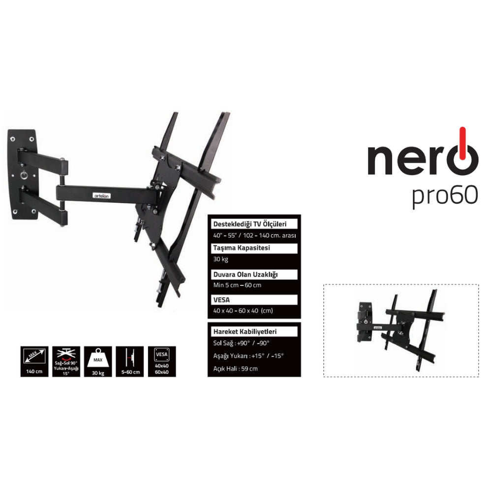 Artelon Neropro 60 Hareketli Duvar Askı Aparatı – 40''-55'' TV Uyumlu