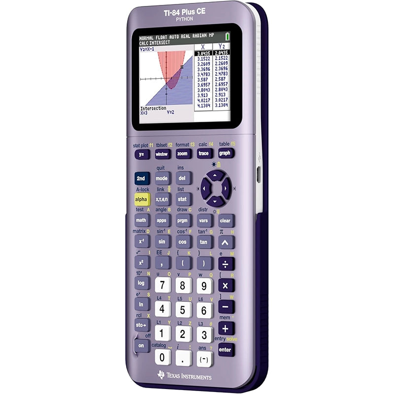 TI-84 Plus CE Python Edition Iris Purple mor hesap makinesi açılı görünüm