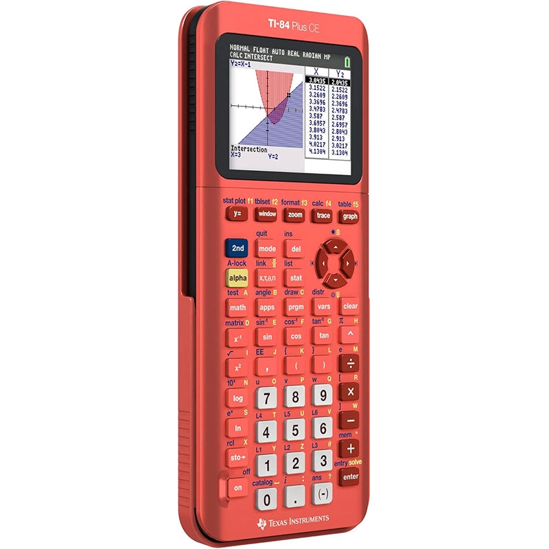TI-84 Plus CE Python Edition Coral Metallic hesap makinesi açılı görünüm
